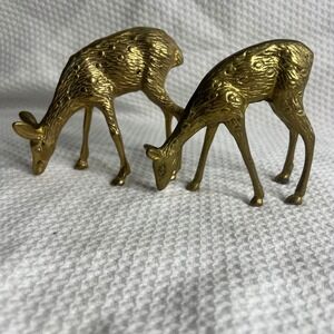 Vintage Solid Brass Grazing Deer Fawn Figurines Set of 2 Mid Century Modern MCM